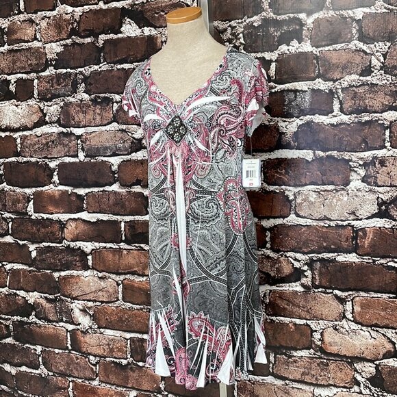 Unity Travel Para Dress NWT Paisley Beaded Short Sleeve Pink Black Size Large L - Picture 7 of 16